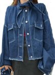 画像1: women's retro chic wind loose was thin lace bow tie jeans jacket  denim jacket  ボ―タイ付デニムジャケット　ブラウス (1)