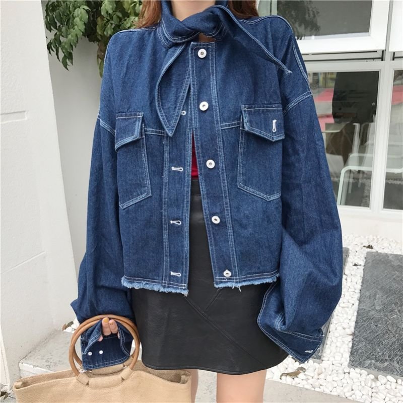 画像2: women's retro chic wind loose was thin lace bow tie jeans jacket  denim jacket  ボ―タイ付デニムジャケット　ブラウス (2)