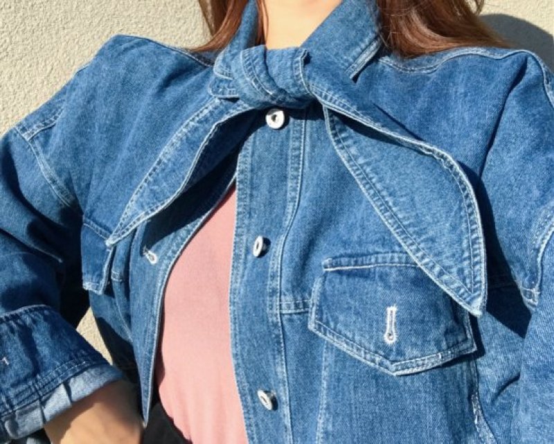 画像4: women's retro chic wind loose was thin lace bow tie jeans jacket  denim jacket  ボ―タイ付デニムジャケット　ブラウス (4)