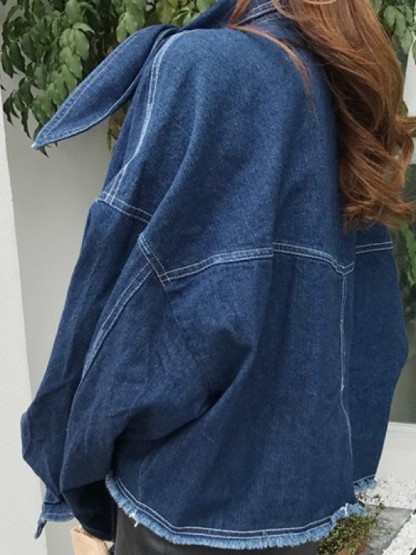 画像5: women's retro chic wind loose was thin lace bow tie jeans jacket  denim jacket  ボ―タイ付デニムジャケット　ブラウス (5)