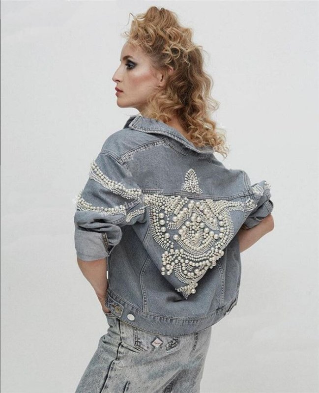 画像1: Pearl Denim Jeans Jacket パール真珠ストーン付デニムGジャン ジャケット (1)
