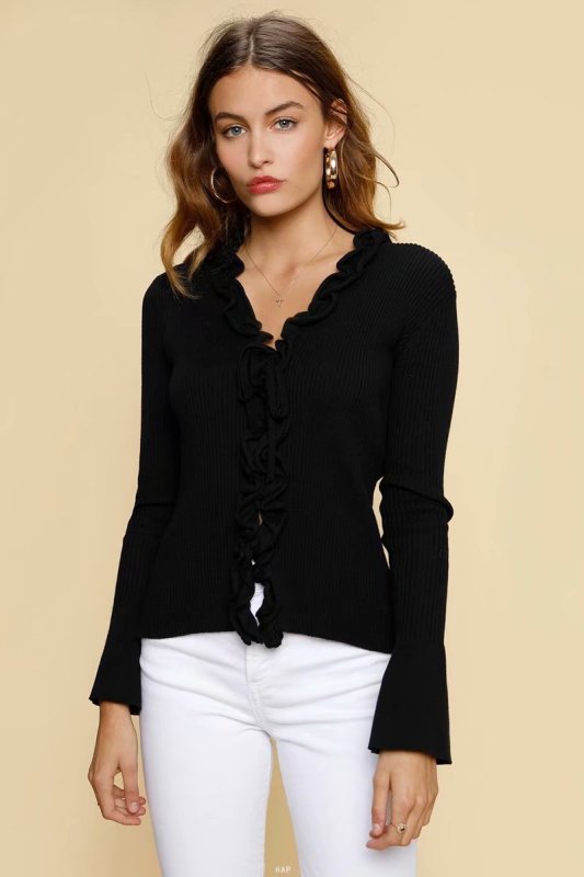 画像3: deep V lace collar cardigan sweater Vネックフリル付きカーディガン セーター (3)