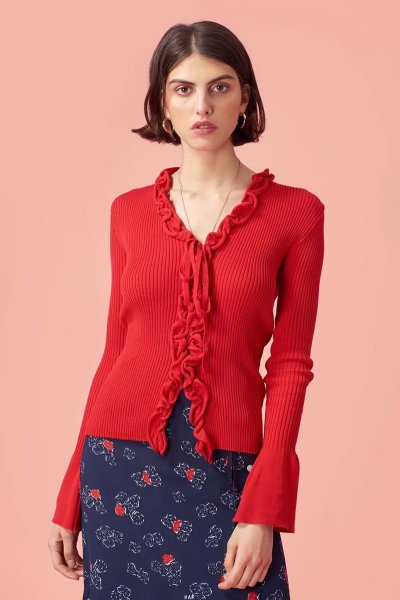 画像1: deep V lace collar cardigan sweater Vネックフリル付きカーディガン　セーター (1)