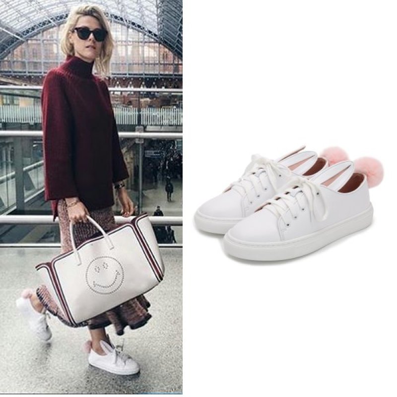 画像1: Real Leather Bunny Rabbit tail pom pom sneakers 本革 本皮 レザー ラビット ポンポン スニーカー (1)