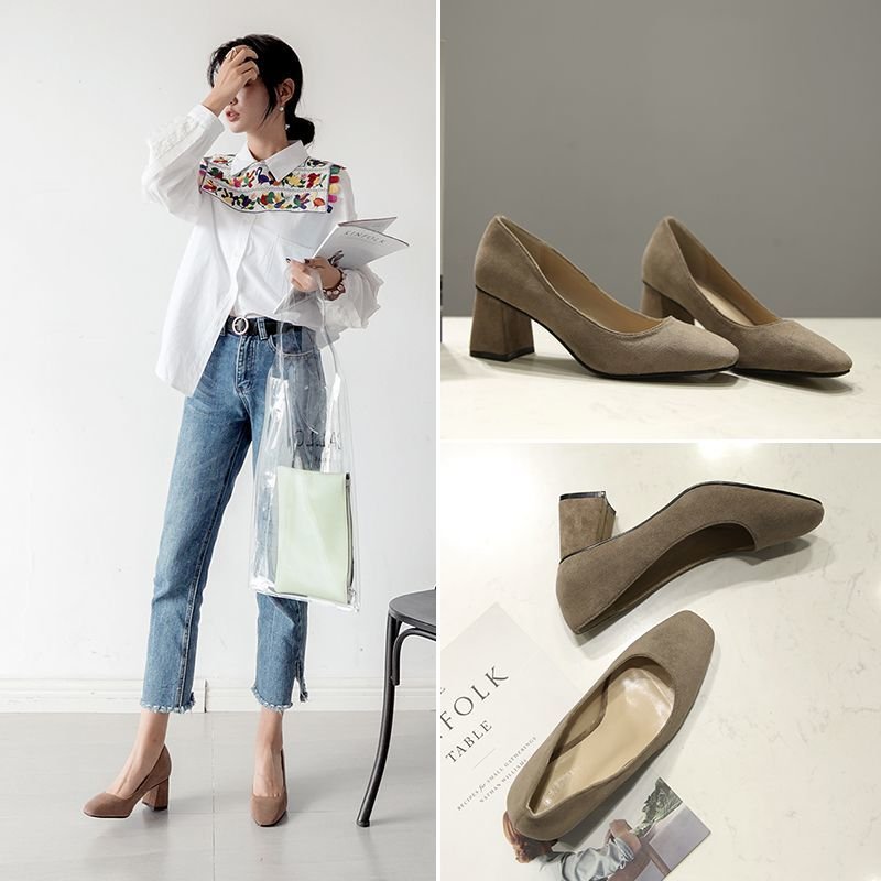 画像5: Women's  Sheep suedes quare head high-heeled women's pumps shoesシープススウェードスクエアヒールパンプス　 (5)