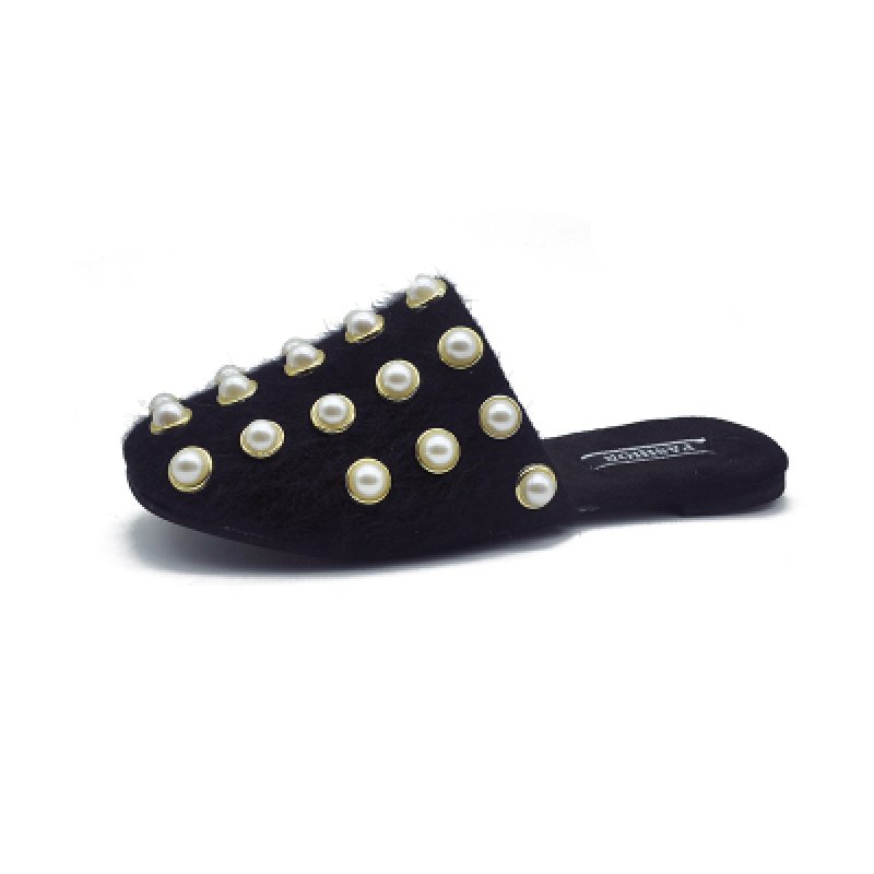 画像2: women's pearl rabbit fur  Flat Sandal Slipper flip-flops アンゴラファーパール付フラットサンダル ミュールスリッパ (2)