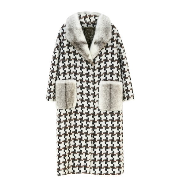 画像1: Women Houndstooth double breasted coat with mink cuff short sleeve リアルミンクファー襟 7分丈 千鳥格子 チェックツイードロングコート シープスキンライナー付き  (1)