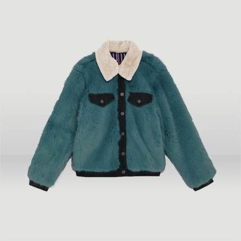 画像5: fake ecofar denim stitching  jacket  coatフェイクエコファーデニムステッチジャケット　コート (5)