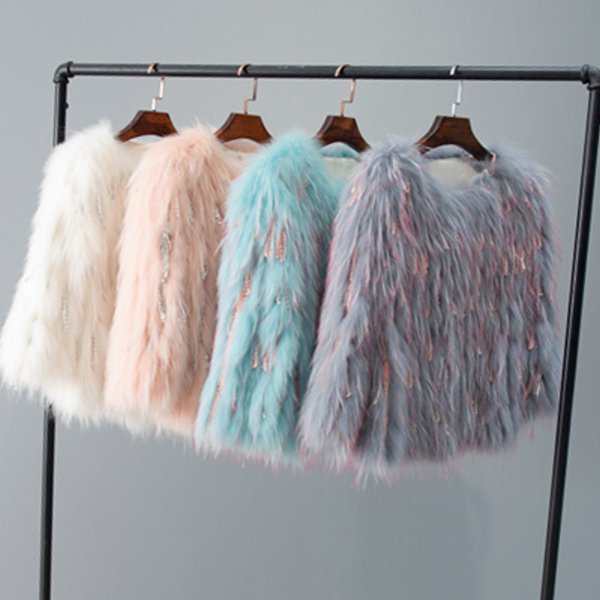 画像1: Knitted Real Raccoon Fur Jacket with Fringe Tassel Sequins 編み込みリアルラクーンニットファーショートコート ジャケット 毛皮 (1)