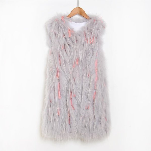 画像1: Knitted Real Raccoon Fur Vest with Fringe Tassel Sequins 編み込みリアルラクーンニットファーベスト ジャケット 毛皮 (1)