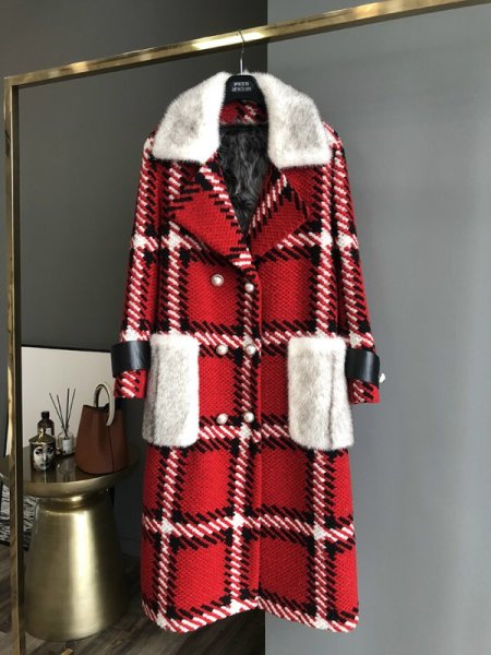 画像2: Women check tweed jacket long coat with real mink fur リアルミンクファー襟 ポケット付き チェックツイードロングコート シープスキンライナー付き  (2)