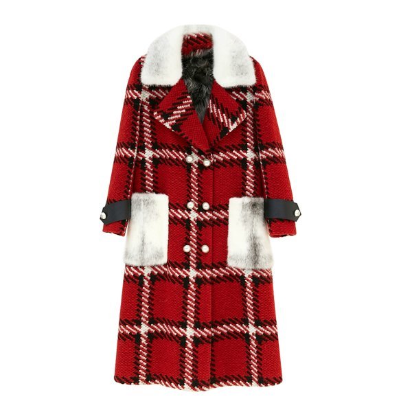 画像1: Women check tweed jacket long coat with real mink fur リアルミンクファー襟 ポケット付き チェックツイードロングコート シープスキンライナー付き  (1)