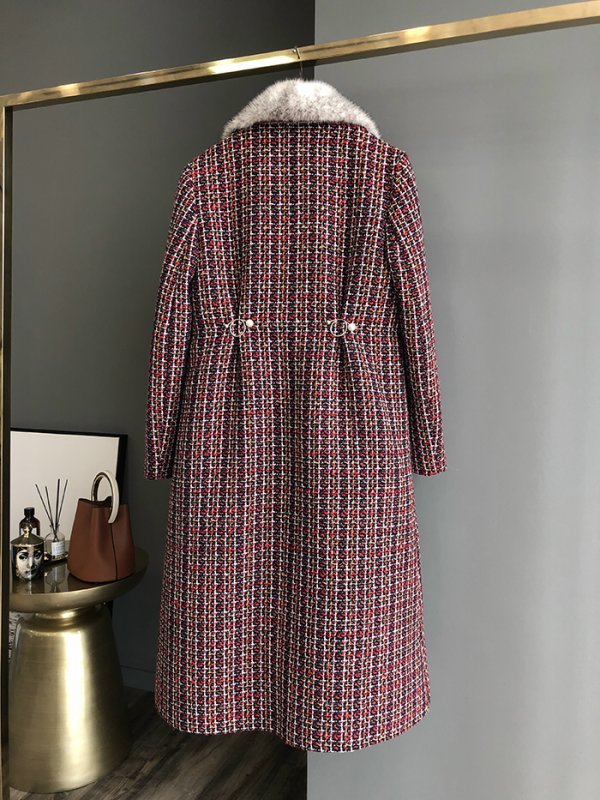 画像5: Women check tweed jacket long coat with real mink fur double pearl button リアルミンクファー襟 パールボタン チェックツイードロングコート シープスキンライナー付き  (5)