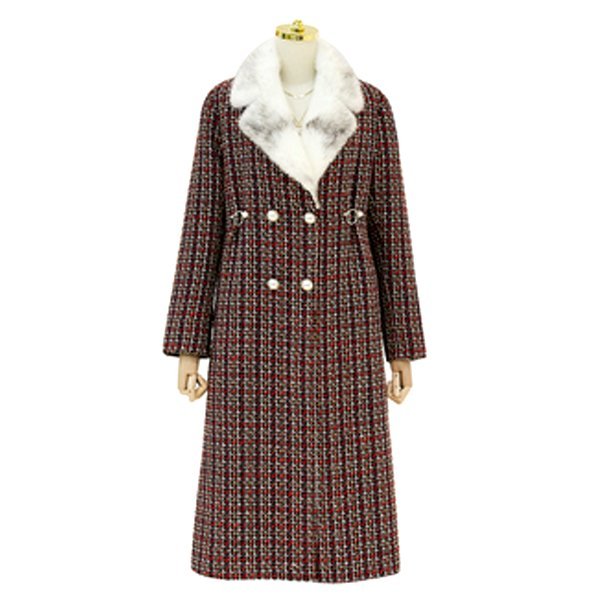 画像1: Women check tweed jacket long coat with real mink fur double pearl button リアルミンクファー襟 パールボタン チェックツイードロングコート シープスキンライナー付き  (1)