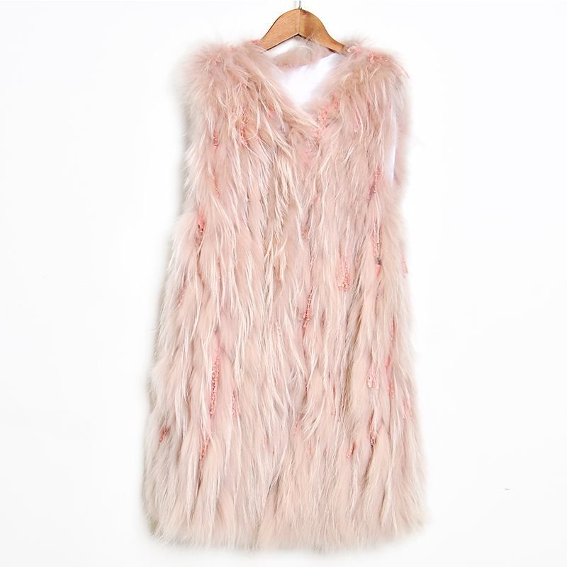 画像2: Knitted Real Raccoon Fur Vest with Fringe Tassel Sequins 編み込みリアルラクーンニットファーベスト ジャケット 毛皮 (2)