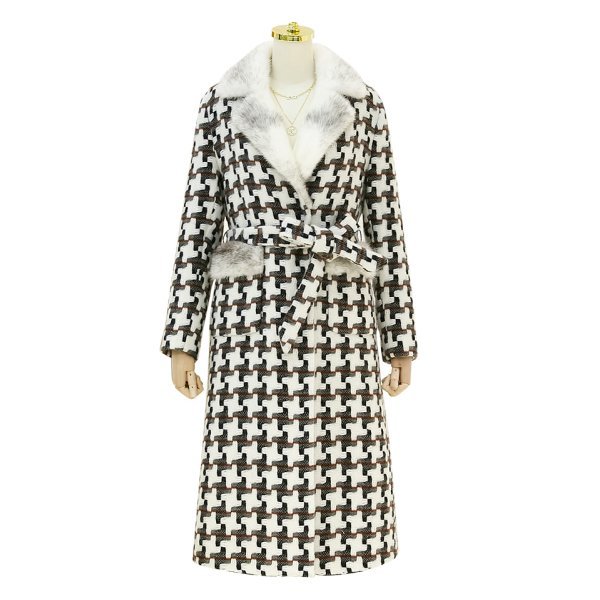 画像1: Women Houndstooth double breasted coat with mink cuff リアルミンクファー襟 パールボタン 千鳥格子 チェックツイードロングコート シープスキンライナー付き  (1)