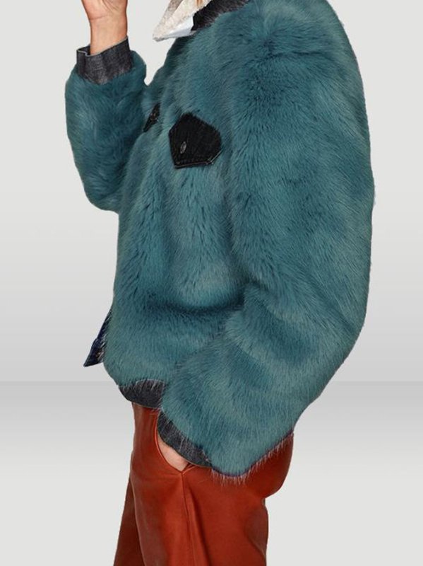 画像2: fake ecofar denim stitching  jacket  coatフェイクエコファーデニムステッチジャケット　コート (2)