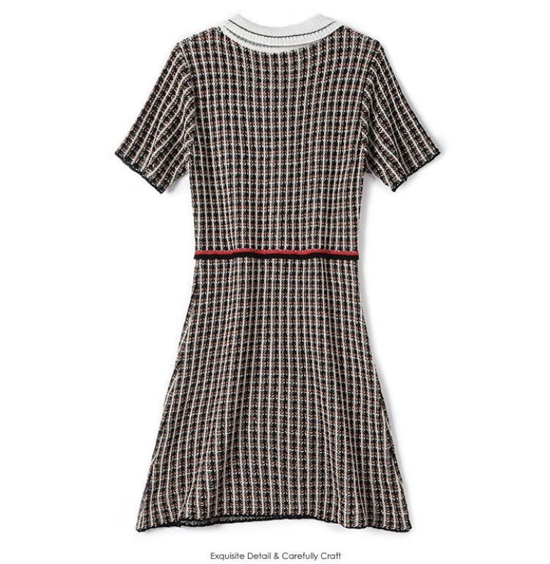 画像4: Women's round neck check bow ribbon dress  襟付き リボン ラウンドネック膝丈ドレス ワンピース (4)