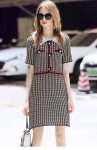 画像1: Women's round neck check bow ribbon dress  襟付き リボン ラウンドネック膝丈ドレス　ワンピース (1)