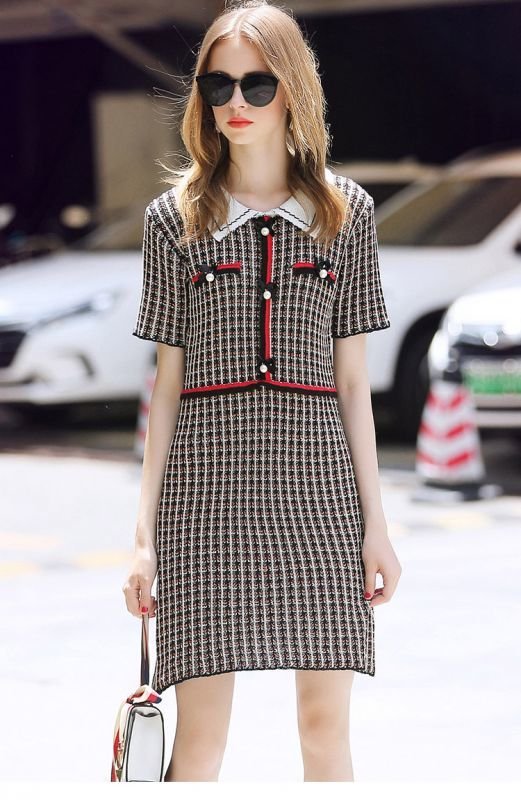 画像1: Women's round neck check bow ribbon dress  襟付き リボン ラウンドネック膝丈ドレス　ワンピース (1)
