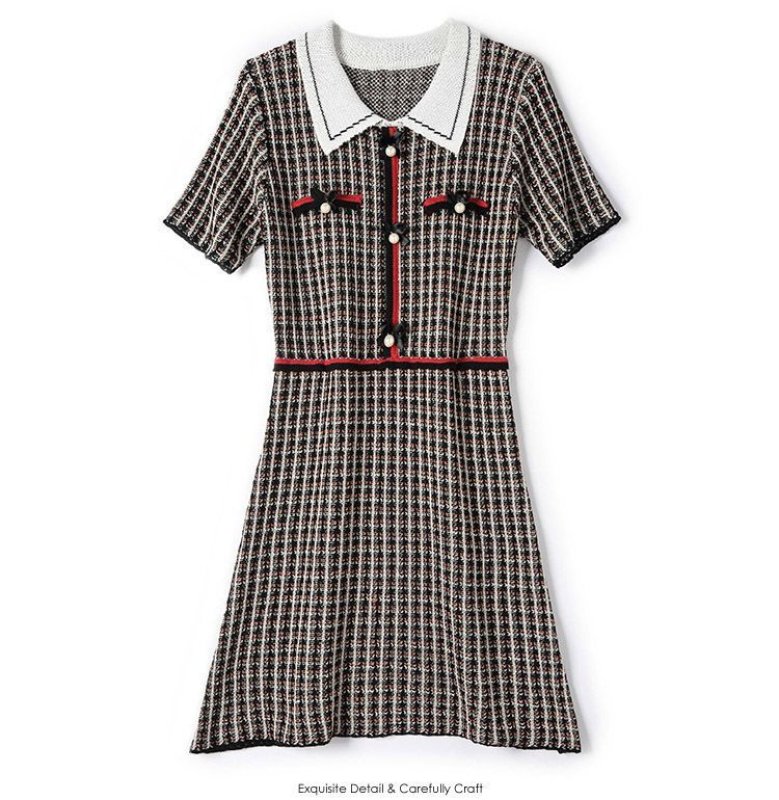 画像3: Women's round neck check bow ribbon dress  襟付き リボン ラウンドネック膝丈ドレス ワンピース (3)