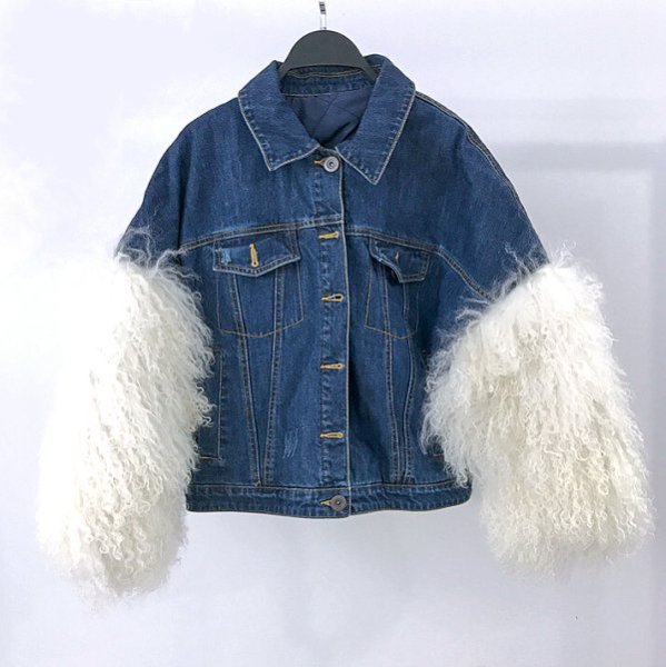 画像1: Women's Real Mongolian lamb Fur sleeve Denim Jeans Jacket リアルモンゴリアンファーデニムジャケットコート Gジャン (1)