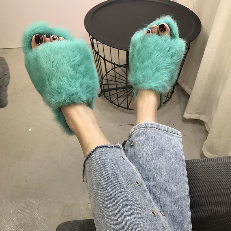 画像3: women's rabbit fur  Flat Sandal Slipper flip-flops ラビットファーフラットサンダル　ミュールスリッパ (3)