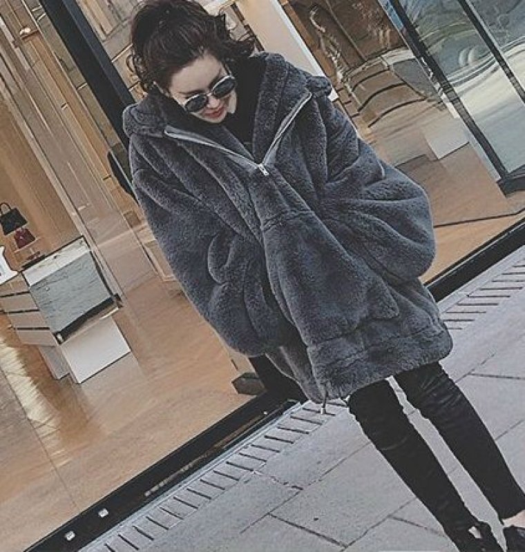 画像2: Women's   loose thickening rabbit plush coat Oversizedcoat Jacketフェイクエコラビットファーフディーオーバーサイズジャケットコート (2)