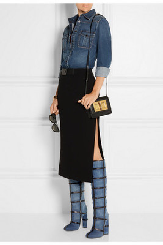 画像1: Denim Jeans Check Heel Open Peep Toe Boots デニム ジーンズ 太ヒール ロングブーツ 小さいサイズ大きなサイズあり (1)