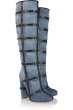 画像5: Denim Jeans Check Heel Open Peep Toe Boots デニム ジーンズ 太ヒール ロングブーツ 小さいサイズ大きなサイズあり (5)