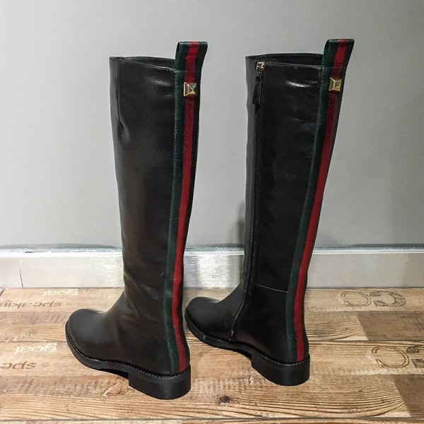 画像1: women's  leather low heel long boots side zipper boots　本革レザーブリティッシュフラットロングブーツ (1)