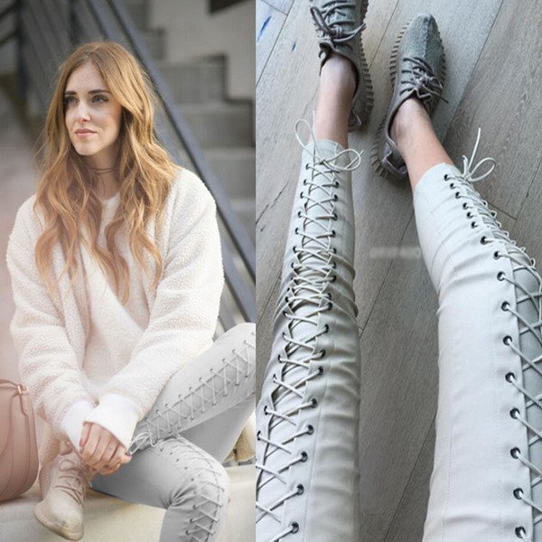 画像1: Lace-up Pants Leggings レースアップ編み上げスリムパンツレギンス (1)