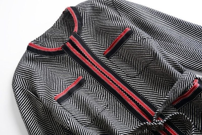 画像6: Women's  British stripe belt long coat ツイード柄パイピングがポイントロングコート ジャケッ (6)