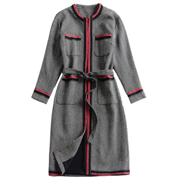 画像1: Women's  British stripe belt long coat　ツイード柄パイピングがポイントロングコート　ジャケッ (1)