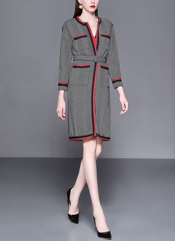 画像3: Women's  British stripe belt long coat ツイード柄パイピングがポイントロングコート ジャケッ (3)