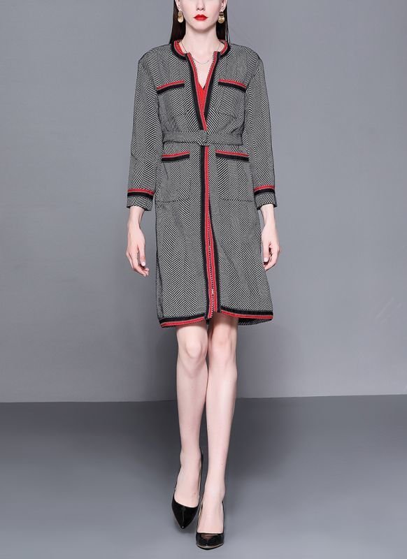 画像2: Women's  British stripe belt long coat ツイード柄パイピングがポイントロングコート ジャケッ (2)
