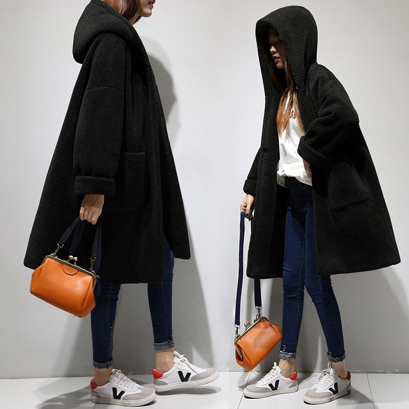 画像7:  women's Lamb Wool Hooded Woolen casual Coat ラムウールフーディーロングコート ジャケット (7)