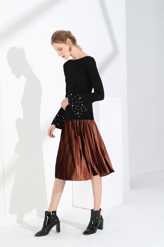 画像12:  Women's  Pearl in cuffs Rib stitch Knit Pullover ひろがった袖口のパールがポイント ニット プルオーバー セーター (12)