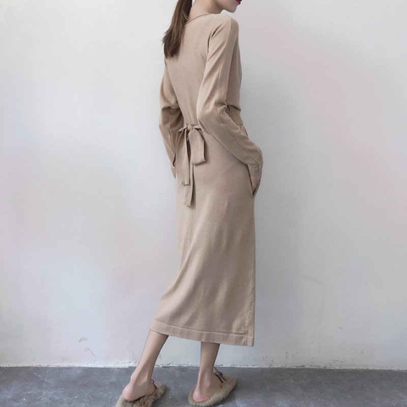 画像9: Women's round neck  Split Twist Long Sleeve  Dress ラウンドネック膝下丈ニットドレス　ワンピース (9)