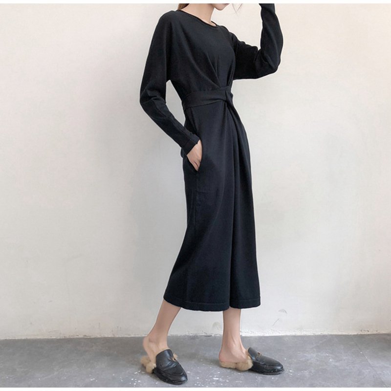 画像5: Women's round neck  Split Twist Long Sleeve  Dress ラウンドネック膝下丈ニットドレス　ワンピース (5)