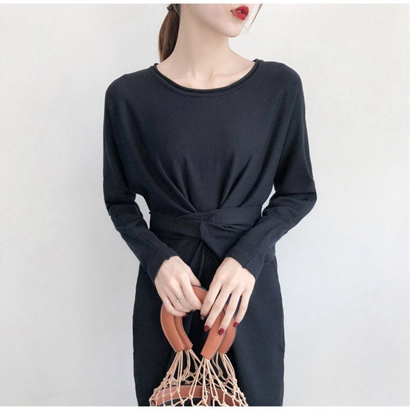 画像6: Women's round neck  Split Twist Long Sleeve  Dress ラウンドネック膝下丈ニットドレス　ワンピース (6)