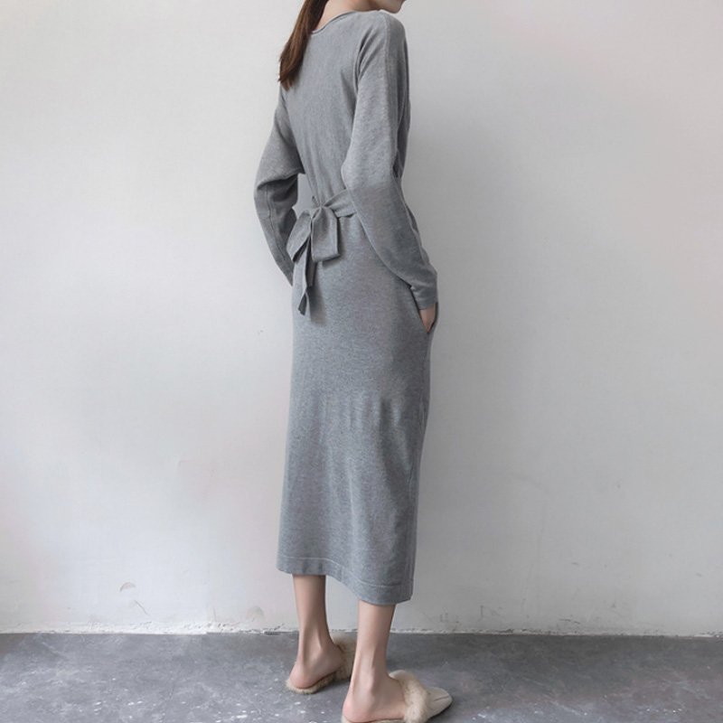 画像8: Women's round neck  Split Twist Long Sleeve  Dress ラウンドネック膝下丈ニットドレス　ワンピース (8)