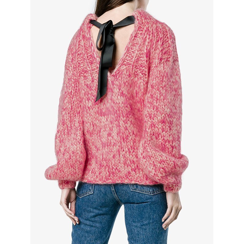 画像3:  Bow Lace Up Backless Woman Sweater 背中の空いたバックリボンセーターモヘアウールセーターニット プルオーバー (3)