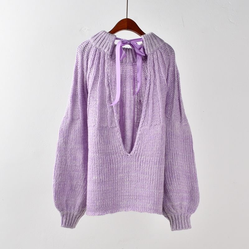 画像4:  Bow Lace Up Backless Woman Sweater 背中の空いたバックリボンセーターモヘアウールセーターニット プルオーバー (4)