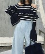 画像1: Woman’s Striped Trumpet Sleeve Sweater ボーダーチューリップスリーブカットアウトセーターニット プルオーバー (1)