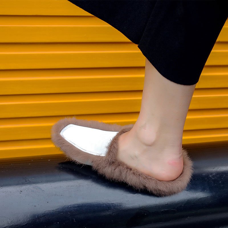 画像4: women's rabbit fur flat bottom half palm slippers  flip-flops リアルラビットファーハーフフラットサンダル ミュールスリッパ (4)