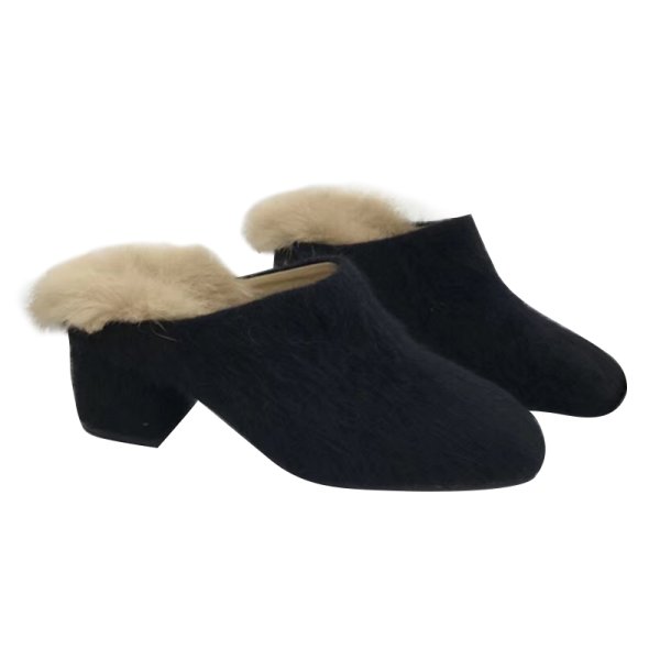 画像1: women's rabbit fur square head heel Mules shoes  half palm slippers   リアルラビットファーハーヒールサンダル　ミュールスリッパ (1)