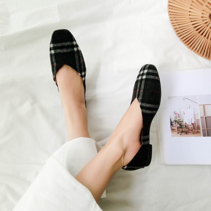 画像3: Women's Flat Check Flat Pumps loafers with pearls Pumps チェックフラットパンプス　ラビットファー中敷き付 (3)