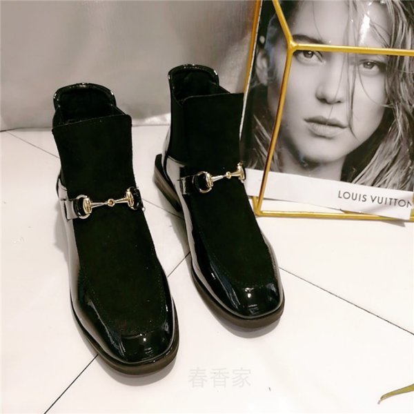 画像1: women's  Patent leather square head flat casual Martin boots short boots  パテントレザーフラットショートブーツ (1)