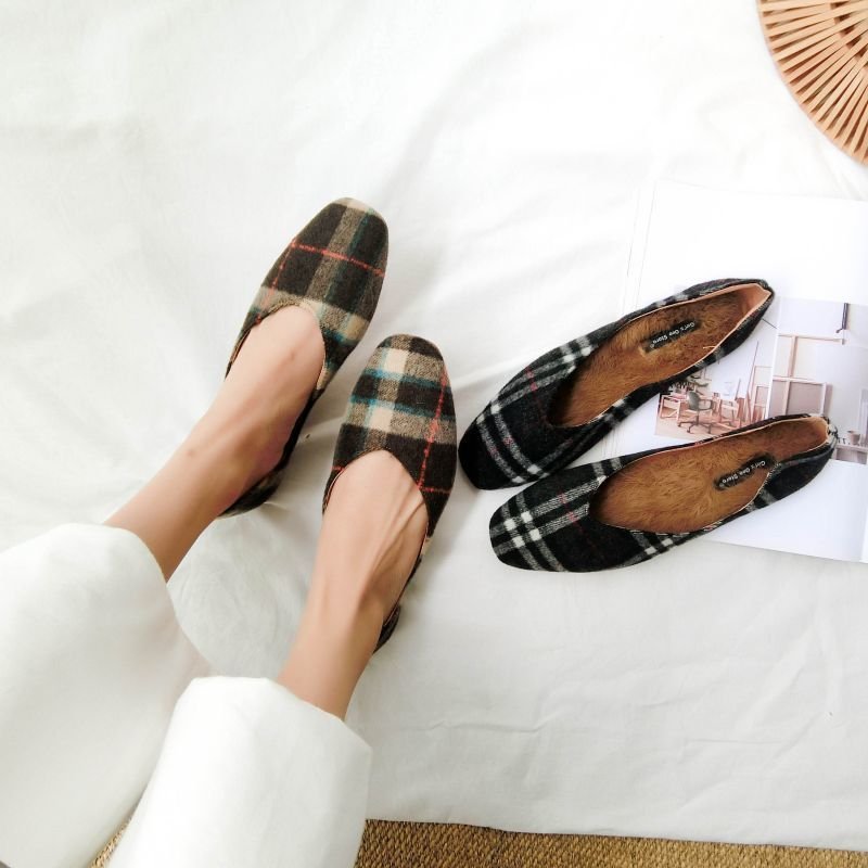 画像2: Women's Flat Check Flat Pumps loafers with pearls Pumps チェックフラットパンプス　ラビットファー中敷き付 (2)